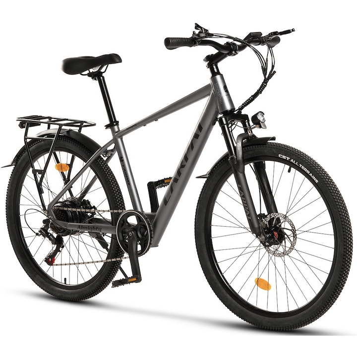 Carpat Elektromos rásegítésű MTB kerékpár 26"-os kerekekkel, 250 W-os motor, Shimano felszereltség, tárcsafékek, felfüggesztő villa, 7 sebesség, szürke, Almighty Genius alumínium vázzal és a vázba integrált 36v10ah akkumulátorral