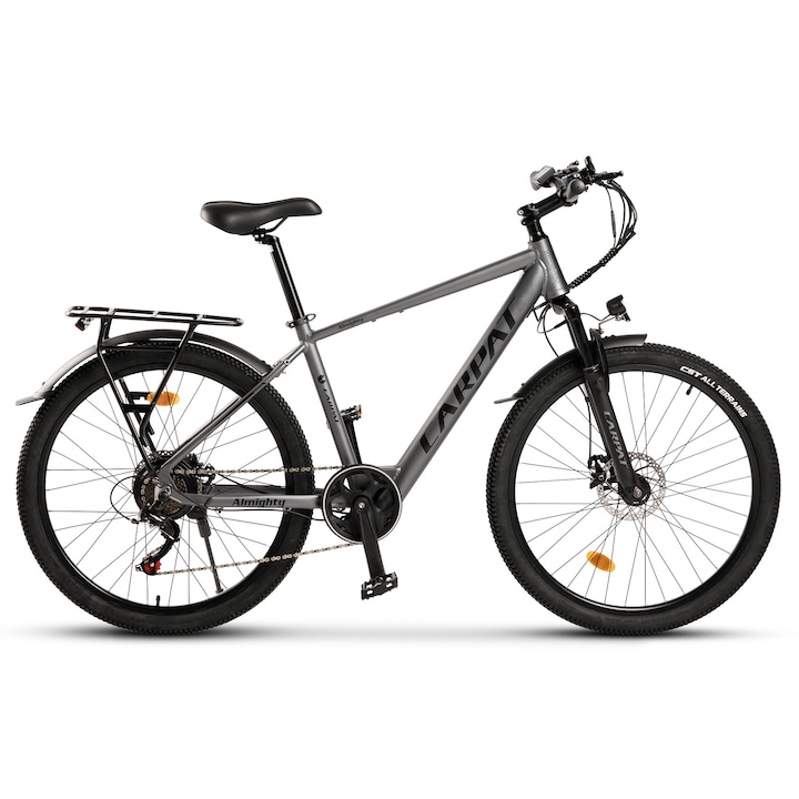 Elektromos rásegítésű MTB kerékpár, E-Bike JSX26518E, Carpat márka, 26" kerekek, autonómia 60 km-ig, Li-Ion akkumulátor, max sebesség 25 km/h, Alumínium váz, Tárcsafékek, Shimano felszereltség, 7 sebesség, szürke