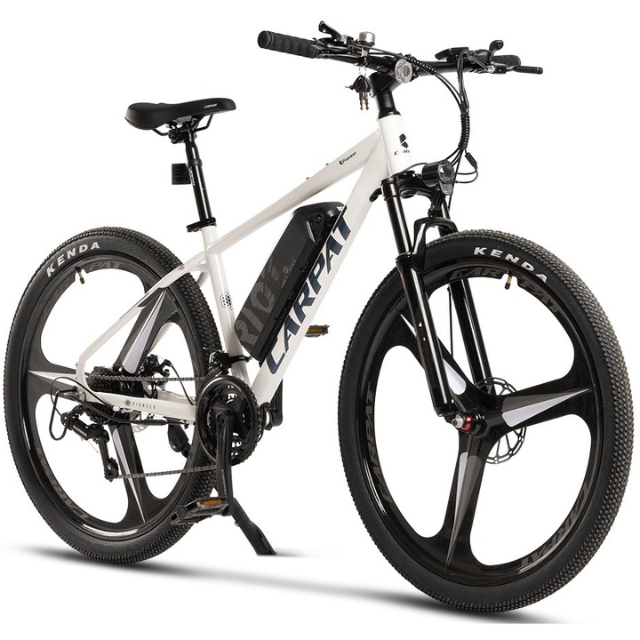 Carpat Elektromos rásegítésű MTB kerékpár 27"-os kerekekkel, 250 W-os motor, Shimano felszerelés, tárcsafékek, felfüggesztés és reteszelő villa, 21 sebesség, fehér/kék, Pioneer Genius alumínium vázzal és 36v10ah akkumulátorral
