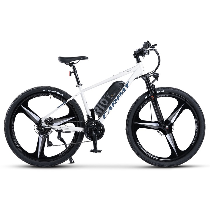 Elektromos kerékpár MTB (E-Bike) Carpat Pioneer C27517E 27,5", Shimano Tourney TZ, Magnézium Kerekek 3 küllős, 27,5 hüvelykes, Motor 250 W, Autonómia Max 60 Km, 21 sebesség, Mechanikus tárcsafékek, fehér/kék