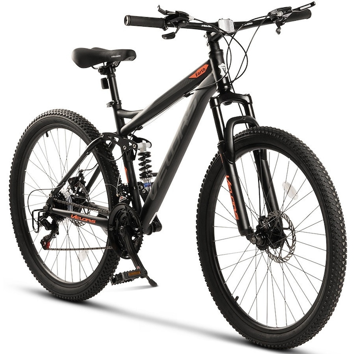 Bicicleta MTB cu Roti de 29", echipare Shimano/Carpat, Frane DISC-fata/spate, 21 Viteze, negru/gri/portocaliu, Mountain Bike Velors Earth Genius cu Dubla Suspensie 2024 Generation