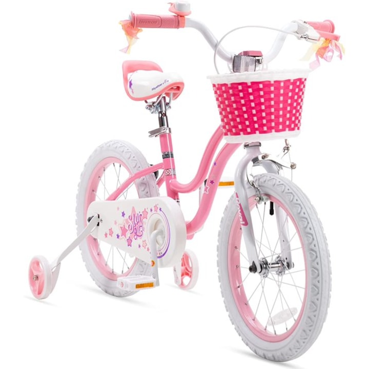 Bicicleta copii 4-6 ani Royal Baby Star Girl, roti 16", frana C-Brake fata, torpedo spate, cauciucuri late tip MTB, roti ajutatoare, roz