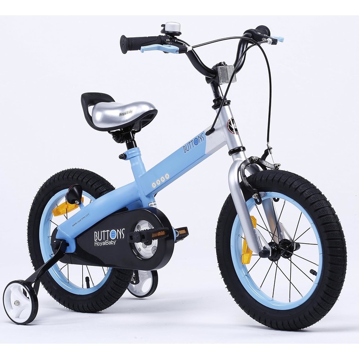 Bicicleta copii 4-6 ani Royal Baby Matt Button, roti 16", frana C-Brake fata, tambur spate, cauciucuri late tip MTB, roti ajutatoare, albastru