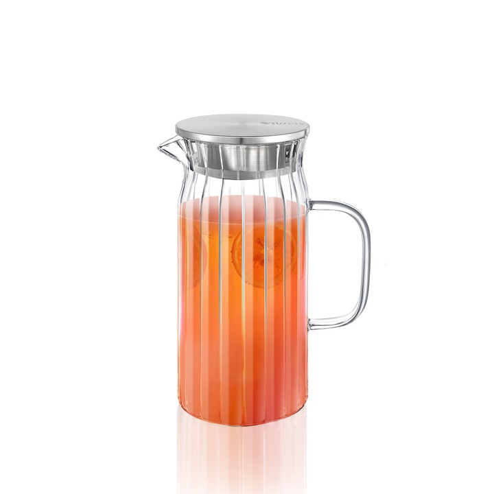 Kancsó fedővel, Wilmax England, Hőálló üveg/fém, 1000 ml, Átlátszó, Kancsó vízzel és limonádéval