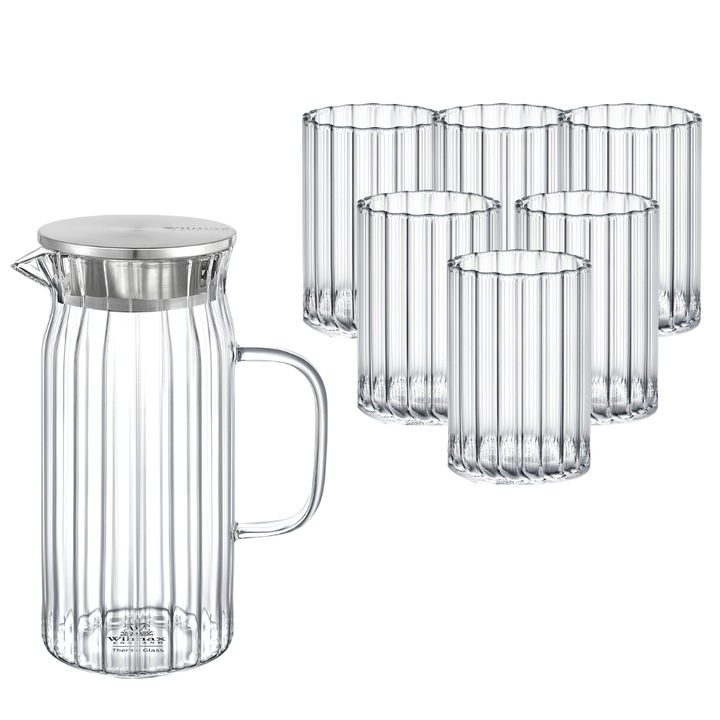 Ital és víz készlet, Wilmax England, 1 literes kancsó fedővel és 6 pohár 200 ml, üveg, átlátszó