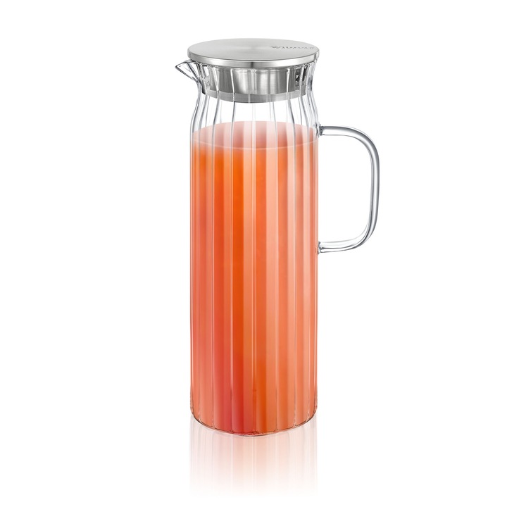 Kancsó fedővel, Wilmax England, Hőálló üveg/fém, 1500 ml, Átlátszó, Kancsó vízzel és limonádéval