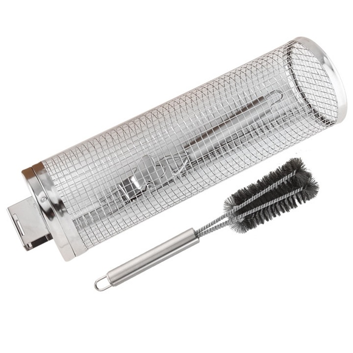 Кръгла цилиндрична скара за барбекю, SIBINTA, С четка, Устойчива на деформации и високи температури, Многократна употреба, Лесна за почистване, Сваляща се, Преносима, Ергономичен дизайн, Неръждаема стомана, 9.5x30x52cm, Сребърна