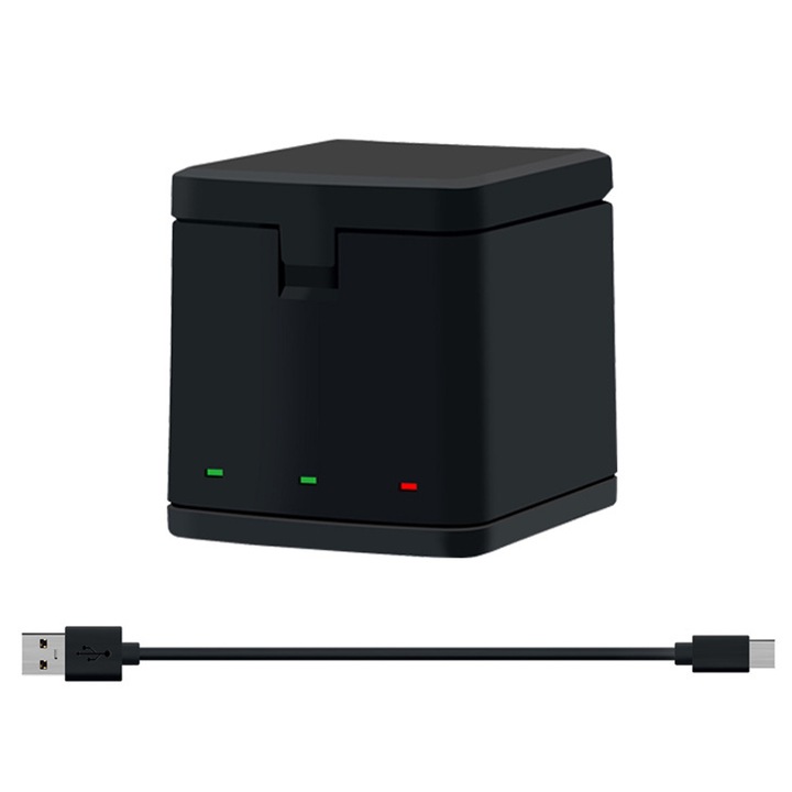 Incarcator triplu pentru baterie GoPro Hero 9/10/11/12, SINBINTA, Cu cablu Type-C, port USB C, Incarcare fast charge, Indicator LED, Reutilizabile, Portabil, Usor de utilizat, ABS, 5.2x5.3x4.8cm, Negru