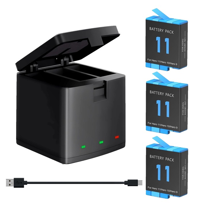 Set incarcator, SINBINTA, Cu trei baterii si cablu Type-C, Compatibile GoPro Hero 12/ 11 / 10 / 9, Li-ion, 1800 mAh, 3.85V, Incarcare fast charge, Indicator LED, Reutilizabile, Portabil, ABS, Negru