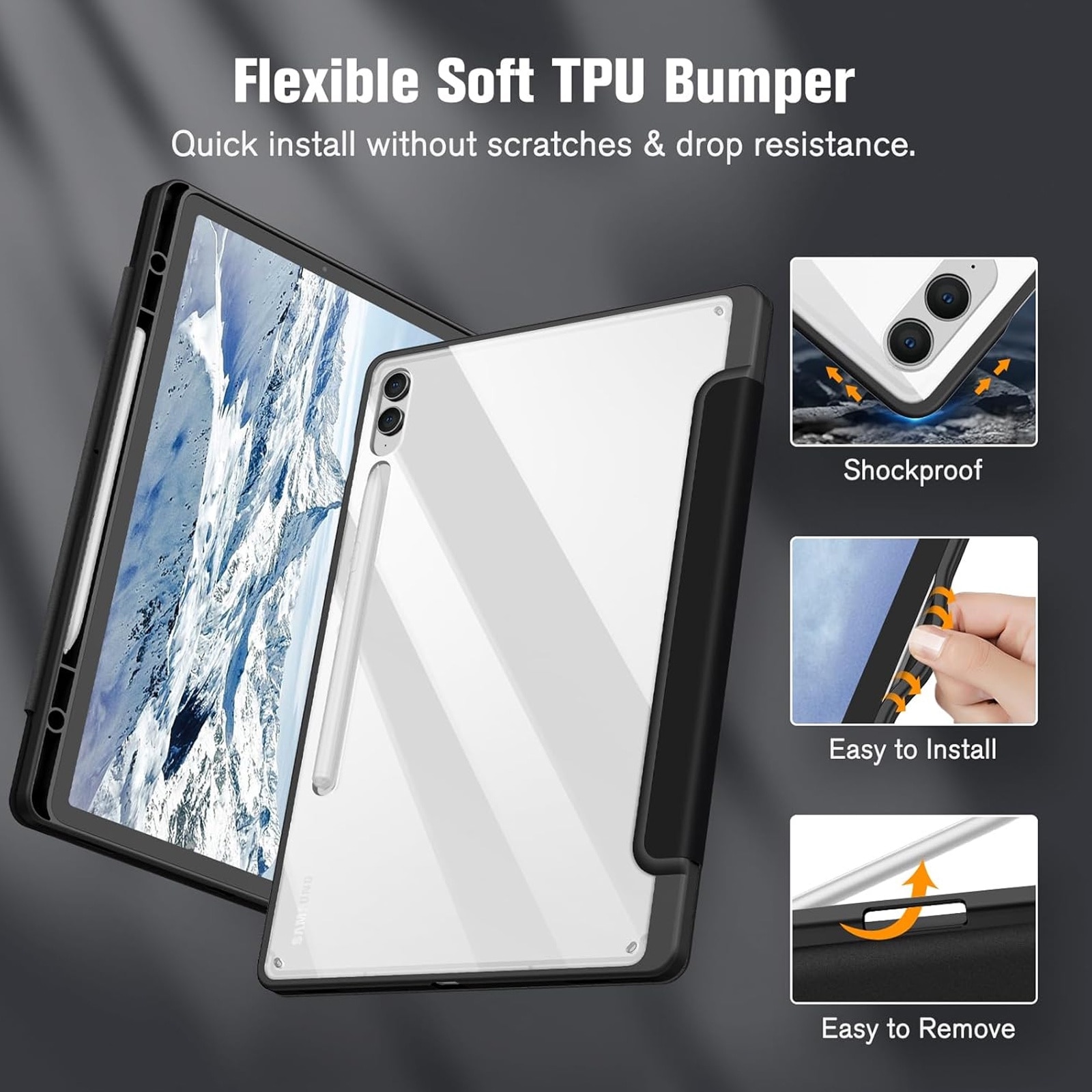 Husa tableta, SINBINTA, Compatibil cu Samsung Tab S9 FE/S9, 10.9''/11'', Suport pentru pix, Atasament magnetic, Antisoc, Usor de instalat, Portabil, Design ergonomic, TPU/Acril/Piele ecologica, Negru