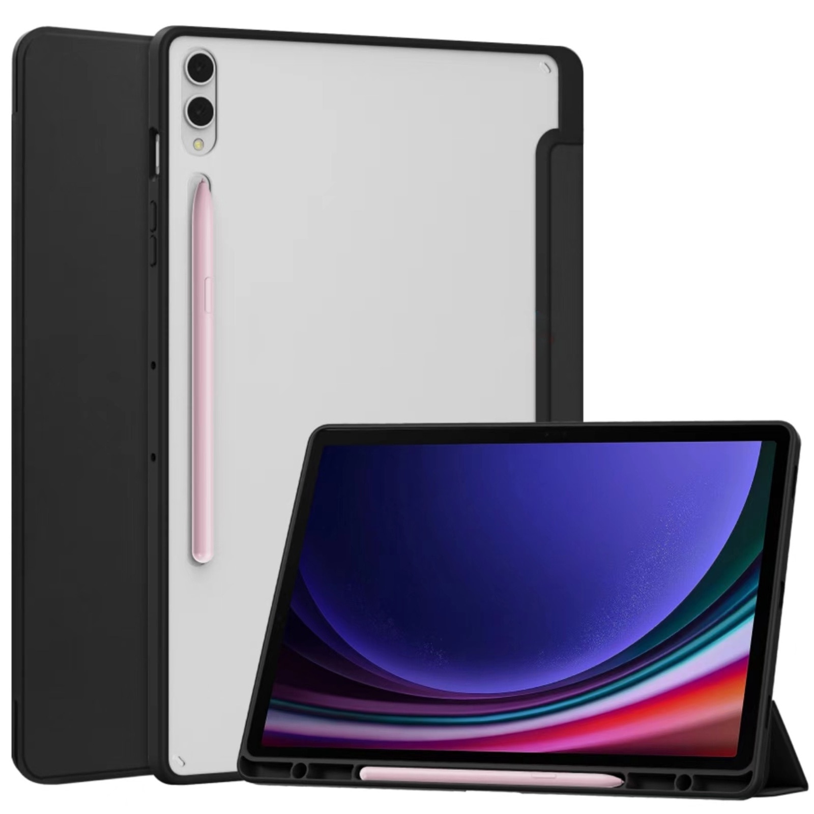 Husa tableta, SINBINTA, Compatibil cu Samsung Tab S9 FE/S9, 10.9''/11'', Suport pentru pix, Atasament magnetic, Antisoc, Usor de instalat, Portabil, Design ergonomic, TPU/Acril/Piele ecologica, Negru