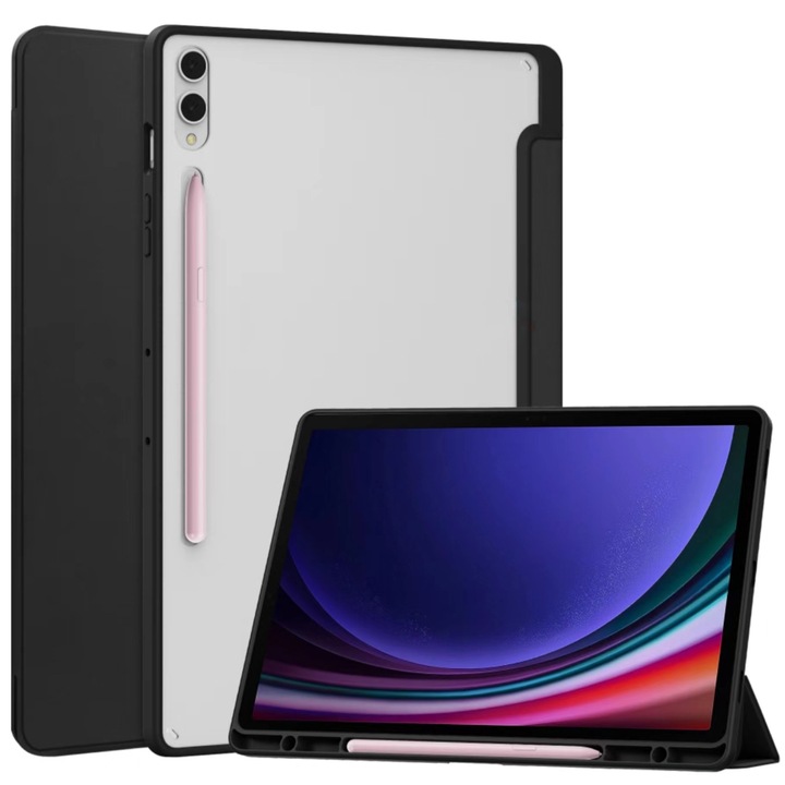 Калъф за таблет, SINBINTA, Съвместим със Samsung Tab S9 FE/S9, 10.9''/11'', Поставка за писалка, Магнитна приставка, Удароустойчив, Лесен за инсталиране, Преносим, Ергономичен дизайн, TPU/Акрил/Екологична кожа, Черен