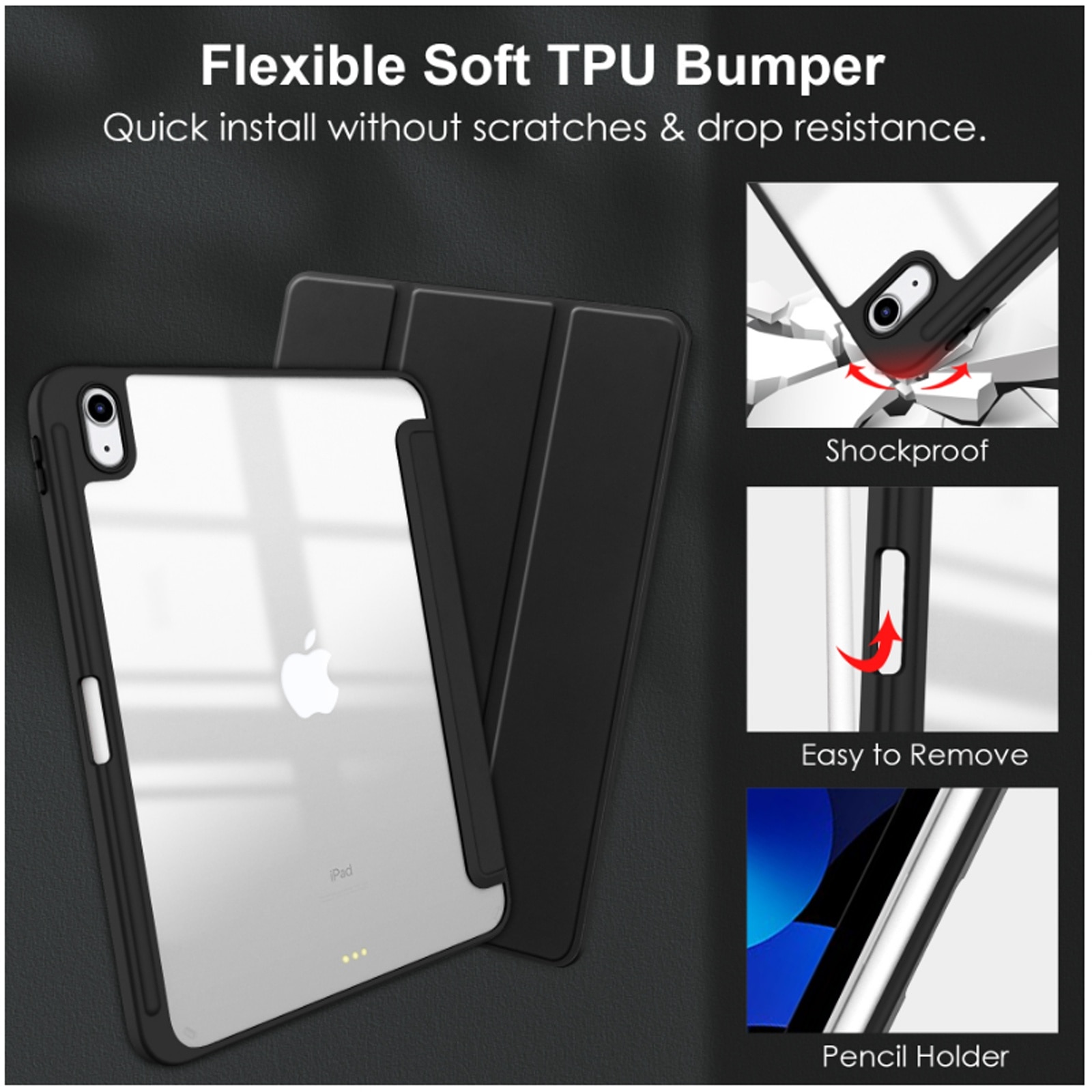 Husa tableta, SINBINTA, Compatibil cu Apple iPad Air 4/5/pro11, 10.9'', Suport pentru pix, Atasament magnetic, Antisoc, Usor de instalat, Portabil, Design ergonomic, TPU/Acril/Piele ecologica, Negru