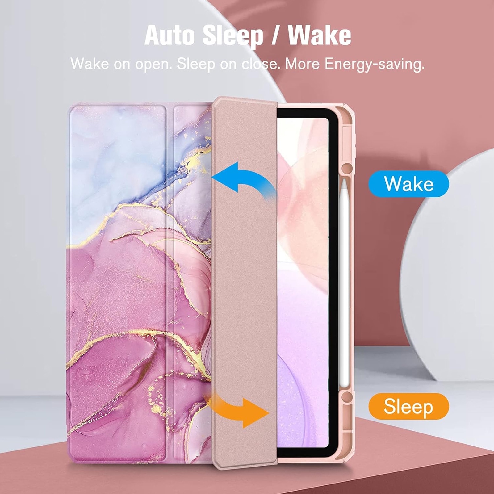 Husa tableta, SINBINTA, Compatibil cu iPad pro 2021/2020/2018, 12.9", Suport pentru pix, Atasament magnetic, Functie sleep/wake-up, Antisoc, Usor de instalat, Portabil, Design ergonomic, TPU/Acril/Piele ecologica, Roz