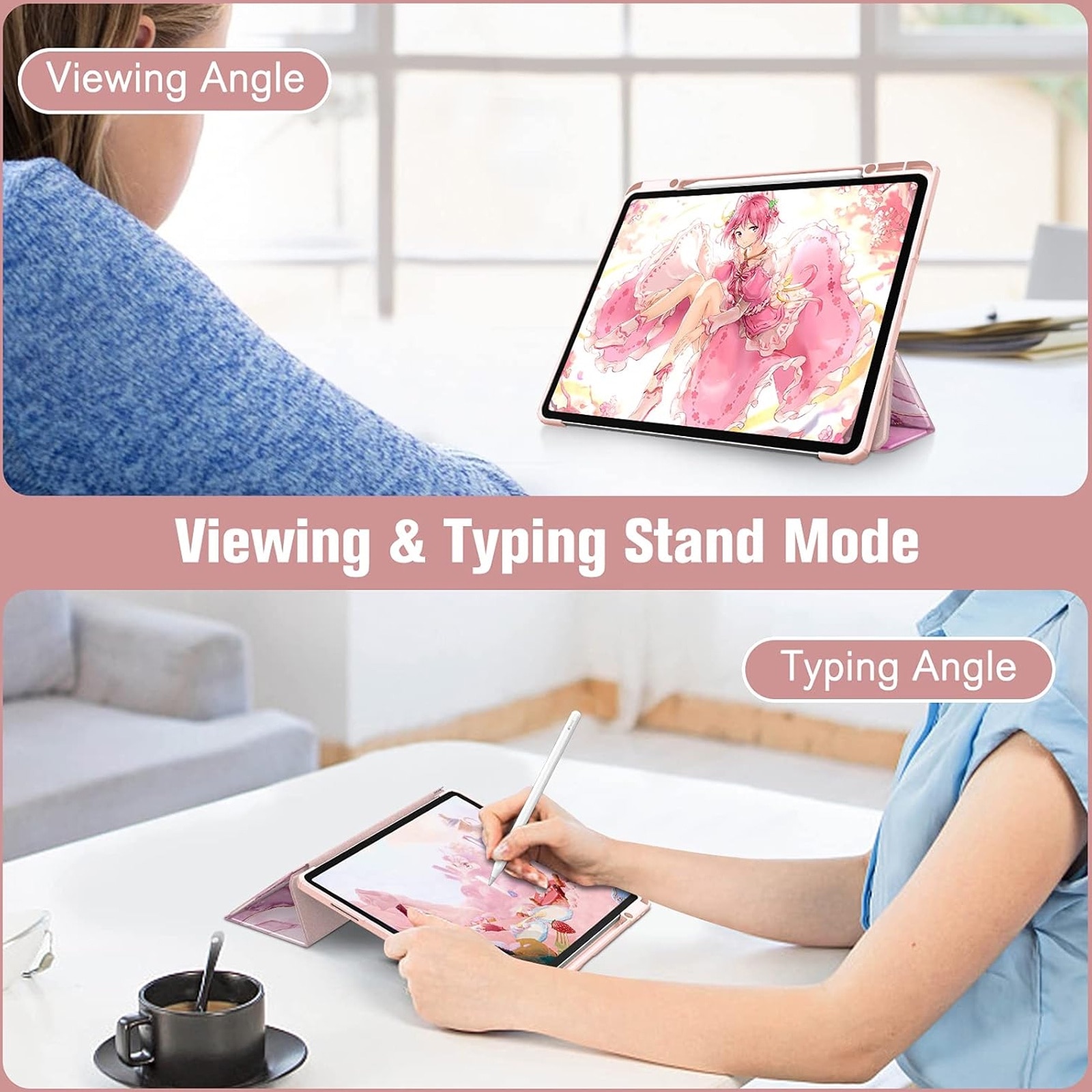 Husa tableta, SINBINTA, Compatibil cu iPad pro 2021/2020/2018, 12.9", Suport pentru pix, Atasament magnetic, Functie sleep/wake-up, Antisoc, Usor de instalat, Portabil, Design ergonomic, TPU/Acril/Piele ecologica, Roz
