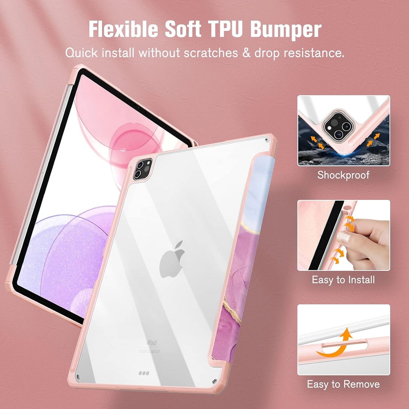 Husa tableta, SINBINTA, Compatibil cu iPad pro 2021/2020/2018, 12.9", Suport pentru pix, Atasament magnetic, Functie sleep/wake-up, Antisoc, Usor de instalat, Portabil, Design ergonomic, TPU/Acril/Piele ecologica, Roz
