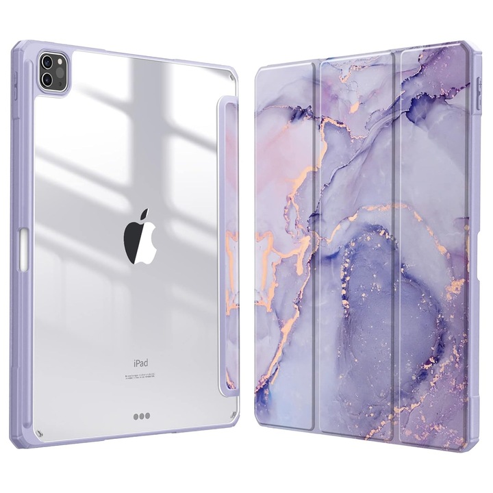 Калъф за таблет, SINBINTA, Съвместим с iPad pro 2021/2020/2018, 12.9", Държач за писалка, Магнитна приставка, Функция за заспиване/събуждане, Антишок, Лесен за инсталиране, Преносим, Ергономичен дизайн, TPU/Акрил/Екологична кожа , лилаво