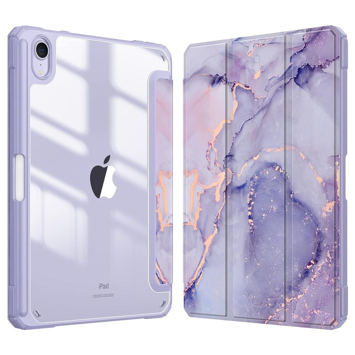 Калъф за таблет, SINBINTA, Съвместим с iPad mini6 2021, 8.3", Поставка за писалка, Магнитна приставка, Функция за заспиване/събуждане, Удароустойчив, Износоустойчив, Лесен за инсталиране, Преносим, TPU/Акрил/Екологична кожа, Лилав