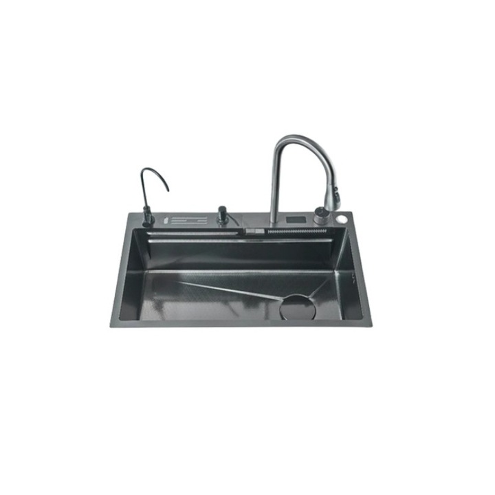 Set chiuveta multifunctionala bucatarie, baterie si accesorii, Blackswan, Tip D1Y, model negru/ gri antracit, baterii tip cascada si pentru apa purificata, display digital si suport cutite, dimensiune 75 x 45 cm