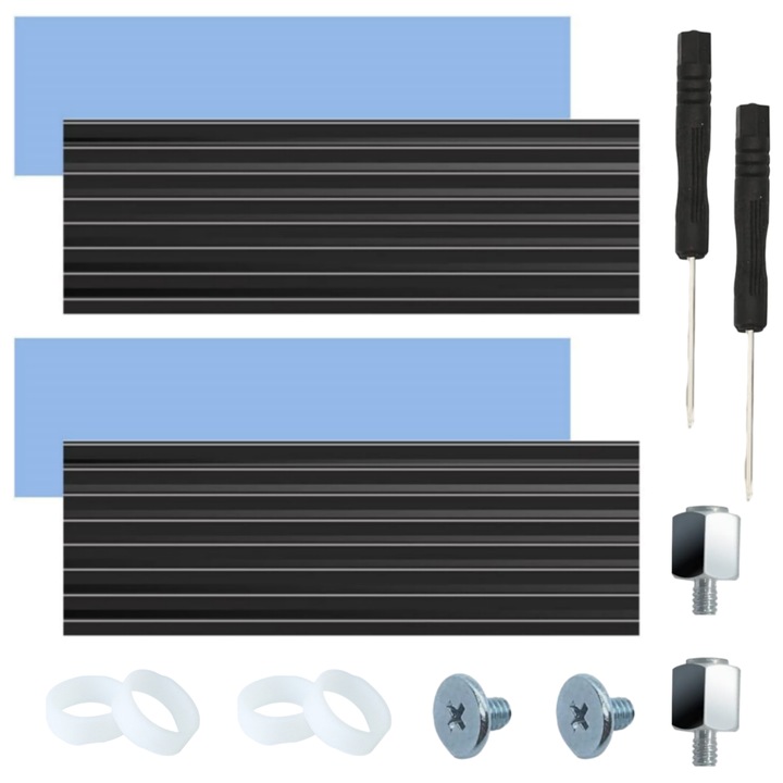 Set 2 Cooler Pasiv, pentru SSD M2, 60mm, Corp din aluminiu, enkourakoko®, Banda transfer termic inclusa, Negru