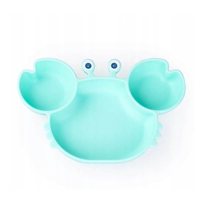 Tányér, Giligums, Rák, 3 rekesszel, Tapadókoronggal, Szilikon, BPA mentes, 6 hónap+, Türkiz