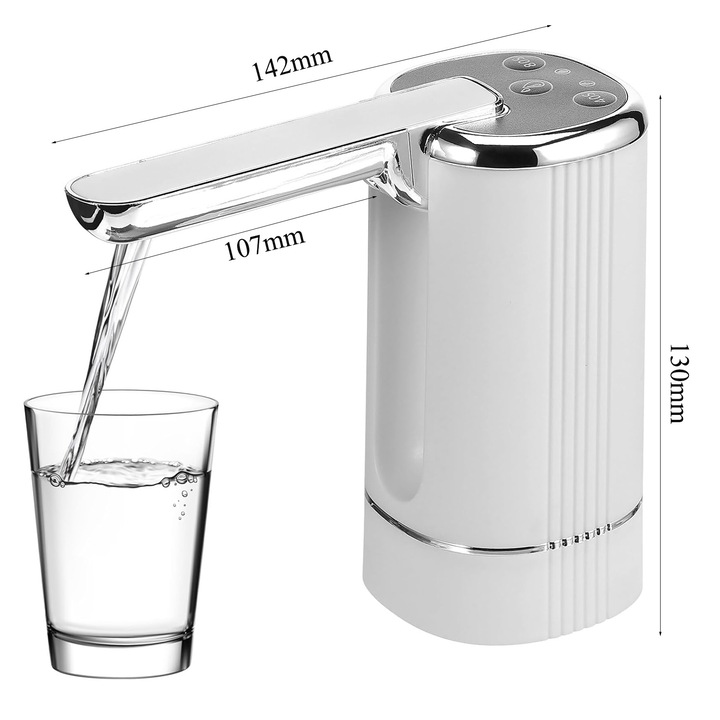 Електрическа помпа за бутилки за вода, SINBINTA, 1200mAh, 4W, USB зареждане, Сгъваем дизайн, Три режима, Индикатор за захранване, Съвместима с 2-5 GAL бутилки за вода, За дома, къмпинг, офис и пътуване, ABS, 130 x 142 mm, Бяла