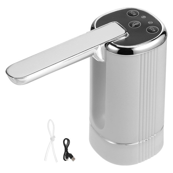 Електрическа помпа за бутилки за вода, SINBINTA, 1200mAh, 4W, USB зареждане, Сгъваем дизайн, Три режима, Индикатор за захранване, Съвместима с 2-5 GAL бутилки за вода, За дома, къмпинг, офис и пътуване, ABS, 130 x 142 mm, Бяла