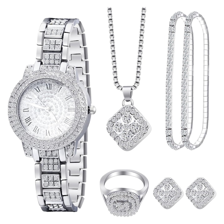 Set 7 bijuterii dama, SINBINTA, Colier, Inel, Bratara, Ceas si cercei asortati, Cu diamante, Rafinat si la moda, Infrumusetare decorativa, cutie eleganta, Aniversare, Sarbatori, Inox, 200 x 13 x 32mm, Argintiu
