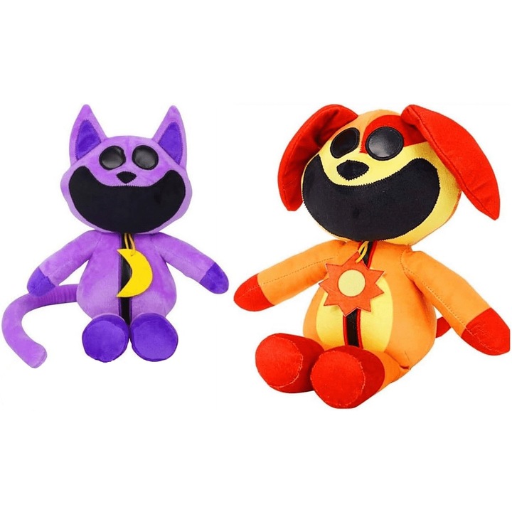 Комплект от 2 плюшени играчки, SINBINTA, The Smiling Critters, форми на котка и куче, Poppy Playtime, мека на допир, издръжлива и лесна за почистване, за деца и възрастни, PP памук, 25 см, оранжево/виолетово