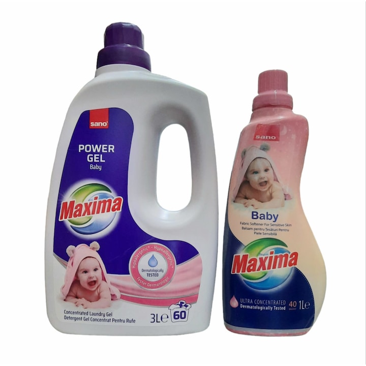 Комплект за пране, перилен препарат Sano Maxima Baby, 60 пранета, 3 л + Ultra омекотител за пране Sano Baby, 40 пранета, 1 л