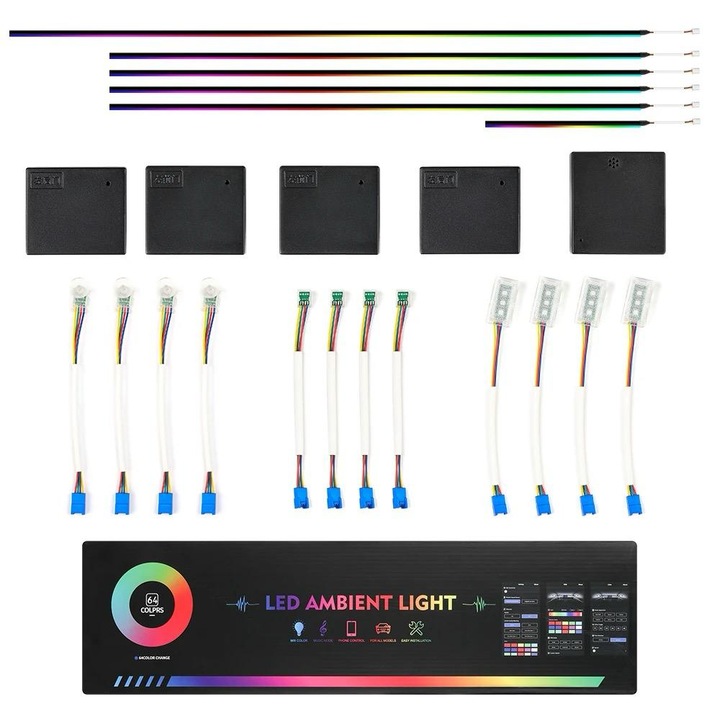 Kit lumini Ambientale 18 in 1 dinamice, Symphony, portiere, bord, picioare, manere conexiune bluetooth prin aplicatie compatibilitate universala, 12V DC
