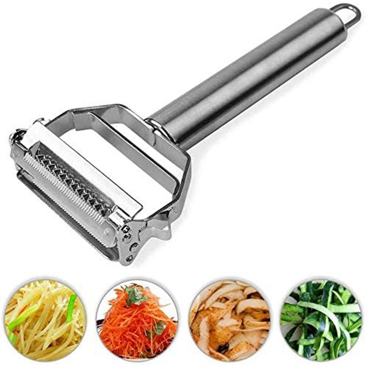 Accesoriu pentru decojire legume si fructe Rqiurpn, multifunctional, julienne, Feliere fructe, otel inoxidabil, dublu tais, maner confortabil, Argintiu