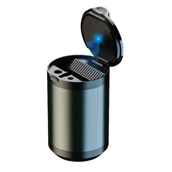 Пепелник за кола Rqiurpn, разглобяем дизайн, LED светлина, метален интериор, пружинен капак, устойчивост на висока температура, черен