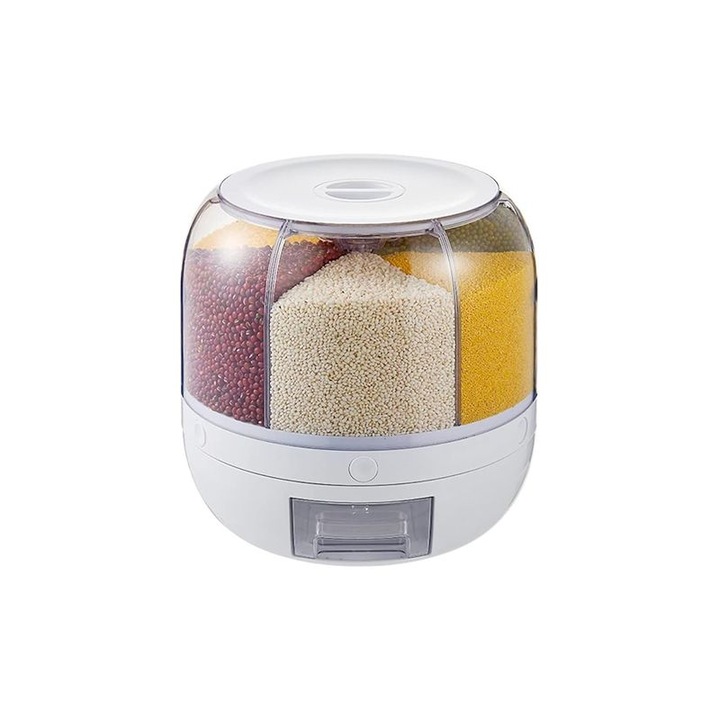 Cutie bucatarie, 6 compartimente, rotunda, pentru mancare uscata, cereale, orez, zahar, faina, porumb, mazare, naut, linte, alba