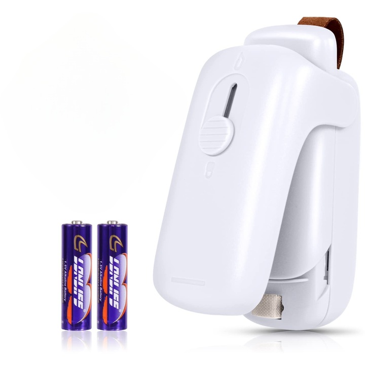 Sigilator si Cutter Portabil 2 in 1, Alimentare cu Baterii AA, Alb, 3.1x1.7x1.6 inch