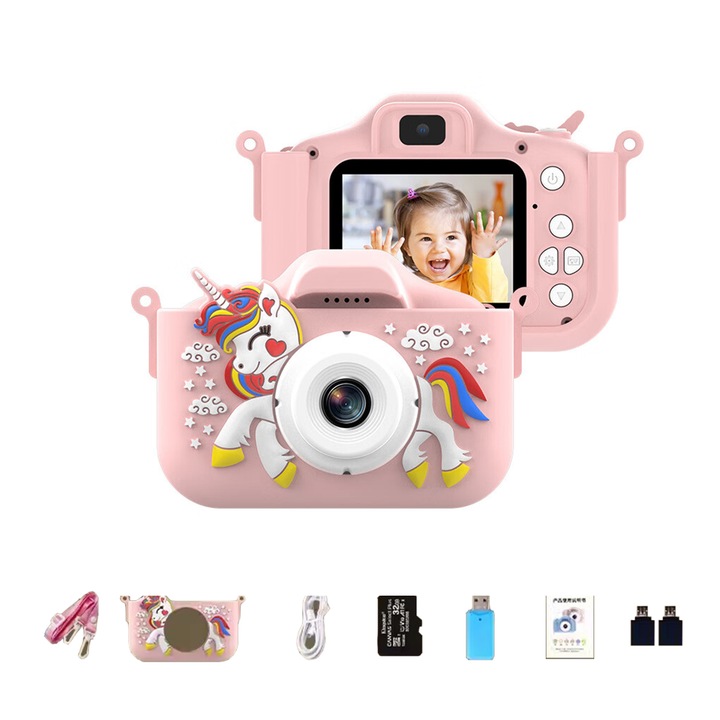Детска камера, 1080P HD, двойна, розова, 32 GB, 2,0 инча, 3 години+