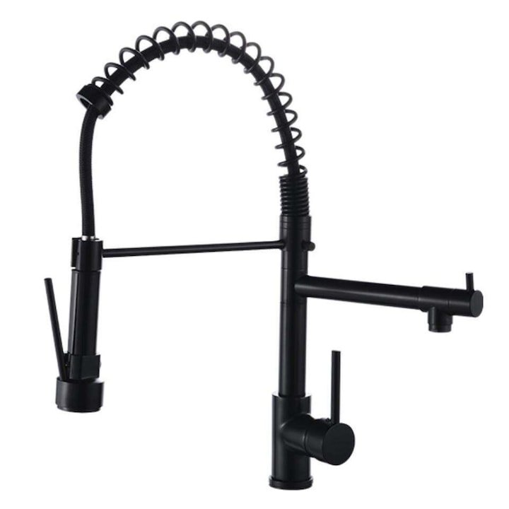 Konyhai csaptelep, prémium osztály, két vízcső, hajlékony vég, 360 fokos, rozsdamentes acél, SMART GADGETS C&A, csatlakozók mellékelve, fekete