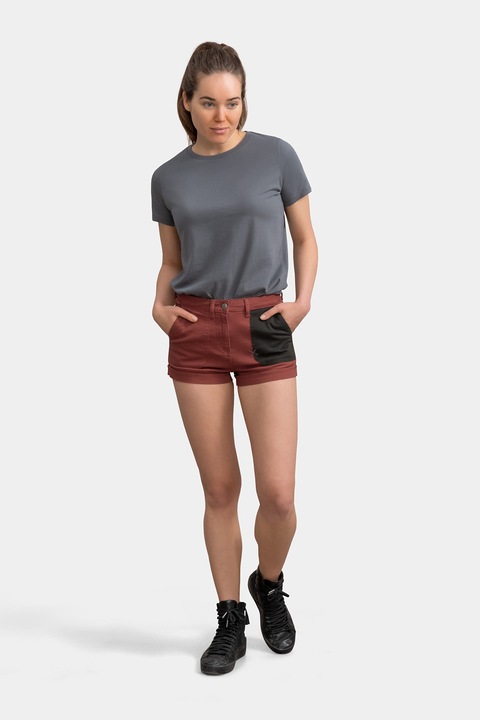 KAFT, Pantaloni scurti de denim cu buzunar constrastant, Negru/Rosu inchis