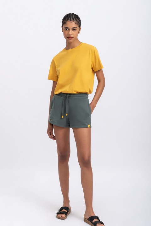 KAFT, Pantaloni scurti cu talie inalta si snur, Albastru petrol