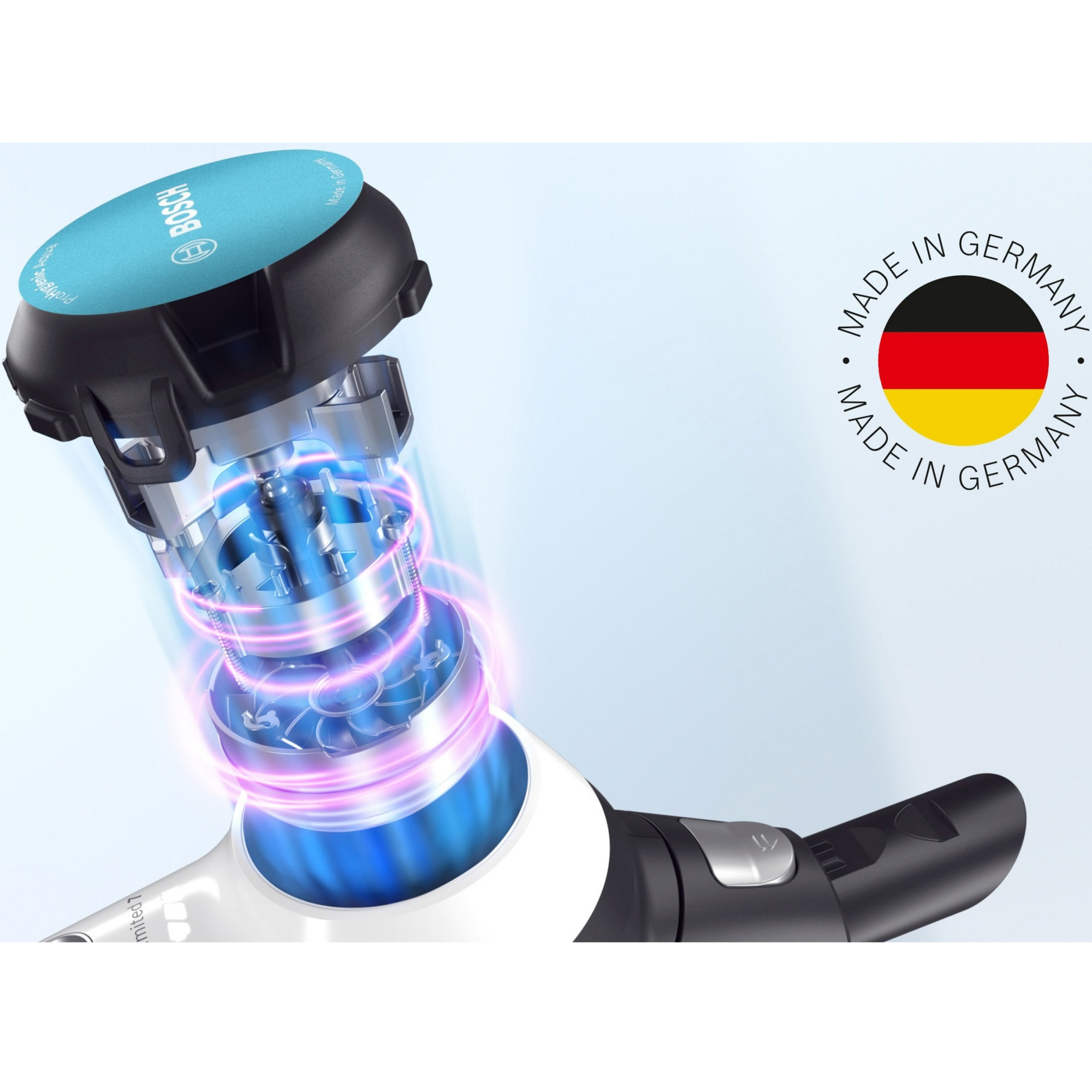 Aspirator vertical Bosch Unlimited 7 ProHygienic Aqua BCS71HYG1, baterie 3 Ah, 3 trepte de putere; Perie AllFloor DynamicPower cu LED-uri, 2in1 DynamicAqua Mop, rezervor apa pentru stergere pana la 50m2, Alb