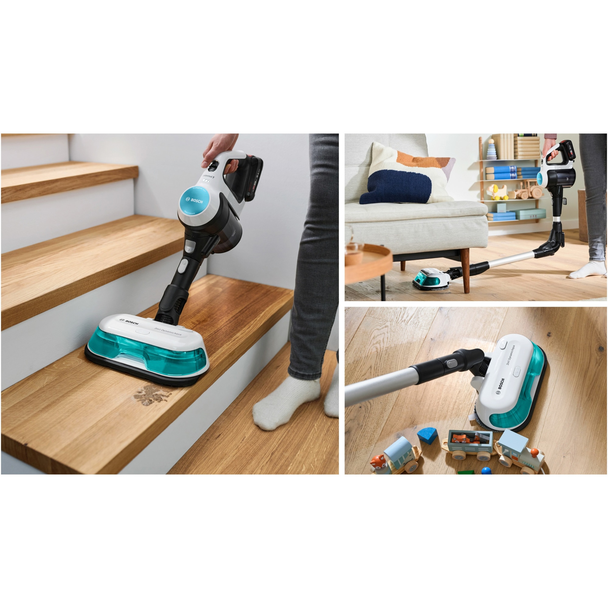 Aspirator vertical Bosch Unlimited 7 ProHygienic Aqua BCS71HYG1, baterie 3 Ah, 3 trepte de putere; Perie AllFloor DynamicPower cu LED-uri, 2in1 DynamicAqua Mop, rezervor apa pentru stergere pana la 50m2, Alb