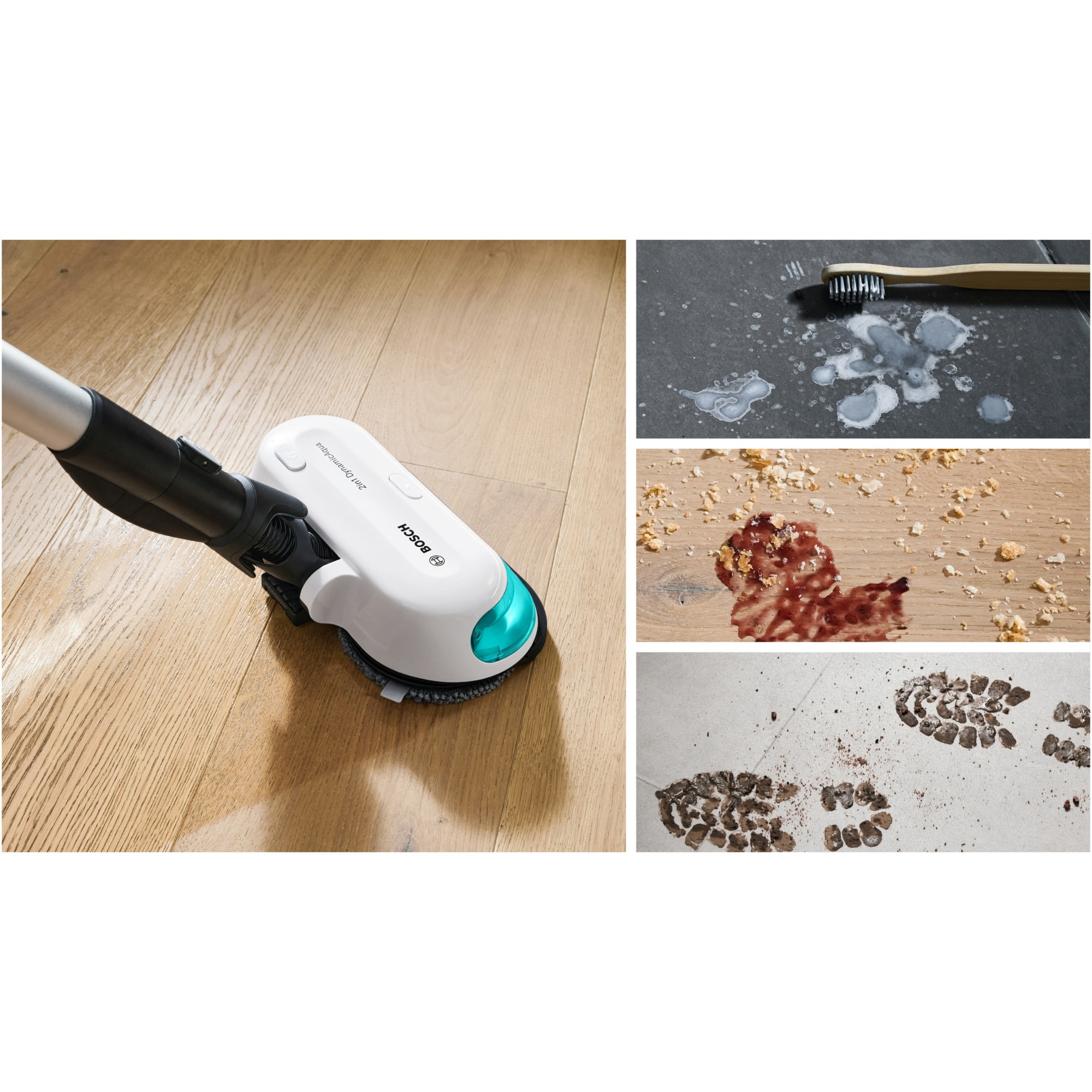 Aspirator vertical Bosch Unlimited 7 ProHygienic Aqua BCS71HYG1, baterie 3 Ah, 3 trepte de putere; Perie AllFloor DynamicPower cu LED-uri, 2in1 DynamicAqua Mop, rezervor apa pentru stergere pana la 50m2, Alb