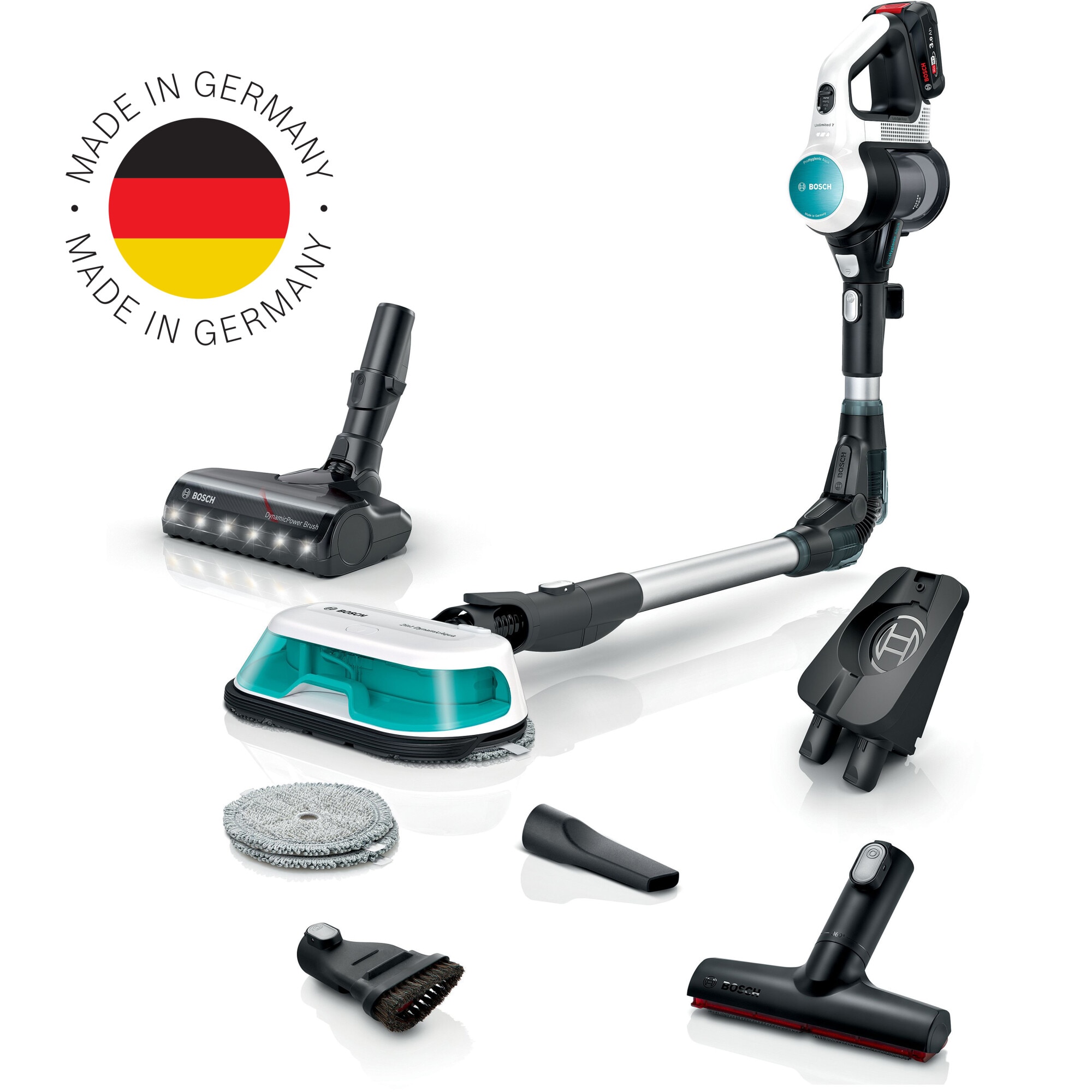 Aspirator vertical Bosch Unlimited 7 ProHygienic Aqua BCS71HYG1, baterie 3 Ah, 3 trepte de putere; Perie AllFloor DynamicPower cu LED-uri, 2in1 DynamicAqua Mop, rezervor apa pentru stergere pana la 50m2, Alb