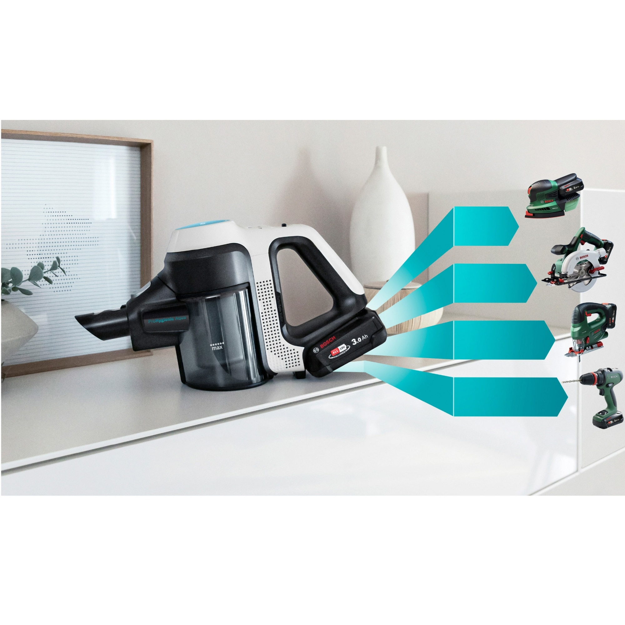 Aspirator vertical Bosch Unlimited 7 ProHygienic Aqua BCS71HYG1, baterie 3 Ah, 3 trepte de putere; Perie AllFloor DynamicPower cu LED-uri, 2in1 DynamicAqua Mop, rezervor apa pentru stergere pana la 50m2, Alb