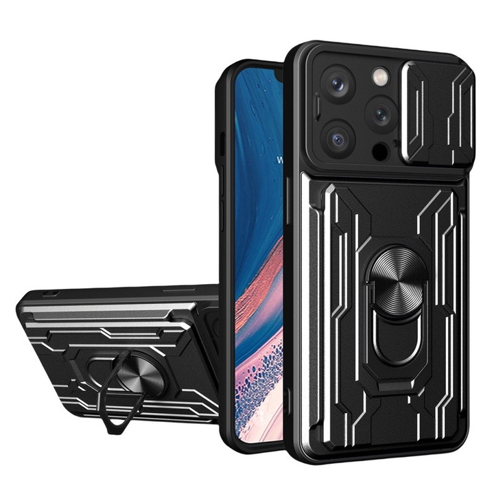 Telefon borító, ütésálló, iPhone 14 Pro-hoz, fekete