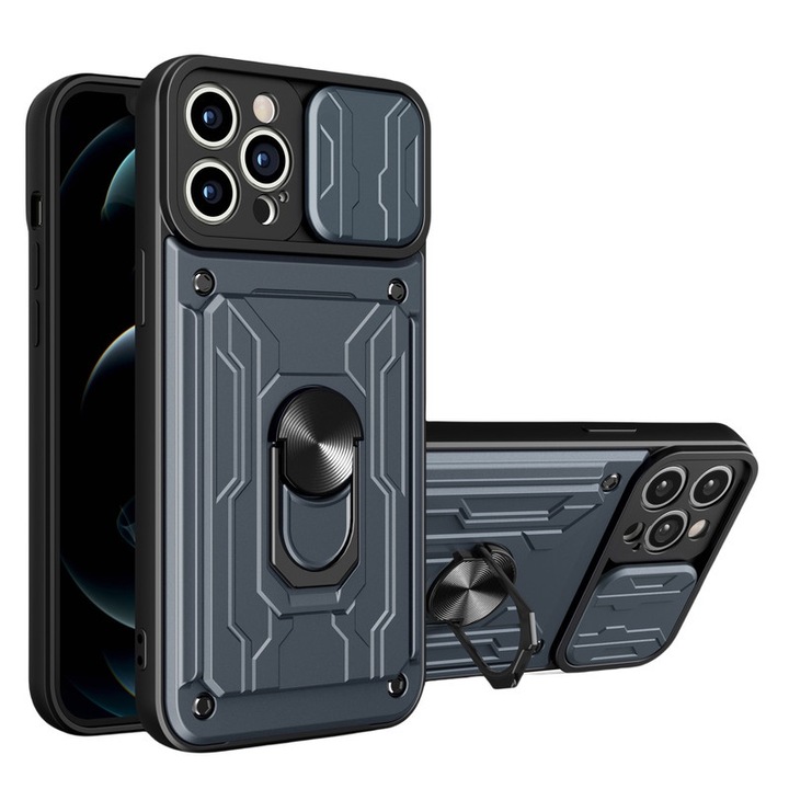 Strapabíró iPhone 14 Pro Max tok, kameravédelem csúszkával, gyűrűtámasz, szürke