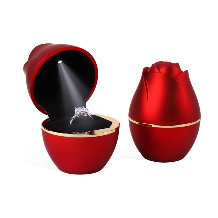Cutie pentru inel BOMSTOM, design trandafir cu LED, rosu, 7.3x5.5cm