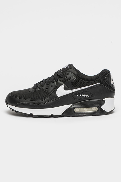 Nike, Pantofi sport din piele ecologica cu garnituri din material textil Air Max 90, Alb/Negru
