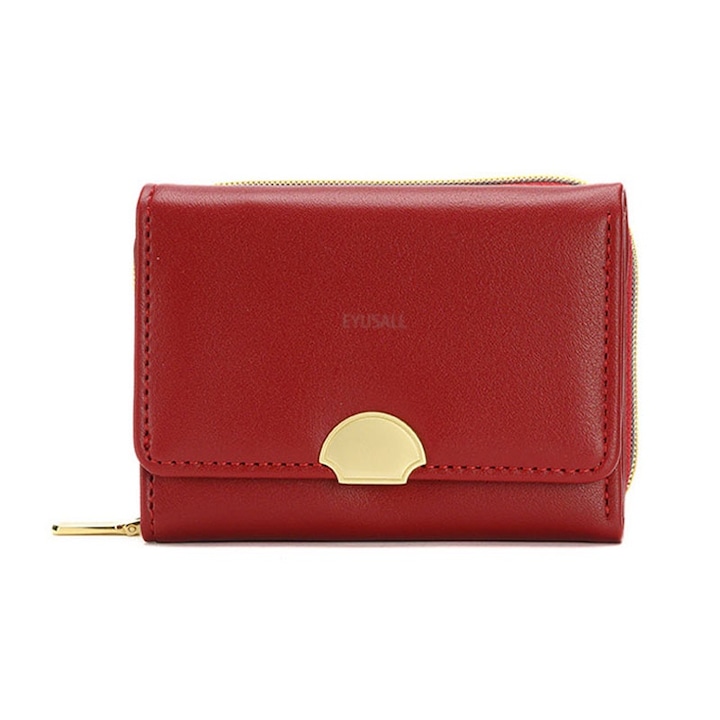 Portofel dama, EYUSALL, 5 compartimente carduri, 1 buzunar cu fermoar, 10.5 x 4 x 8 cm, Rosu