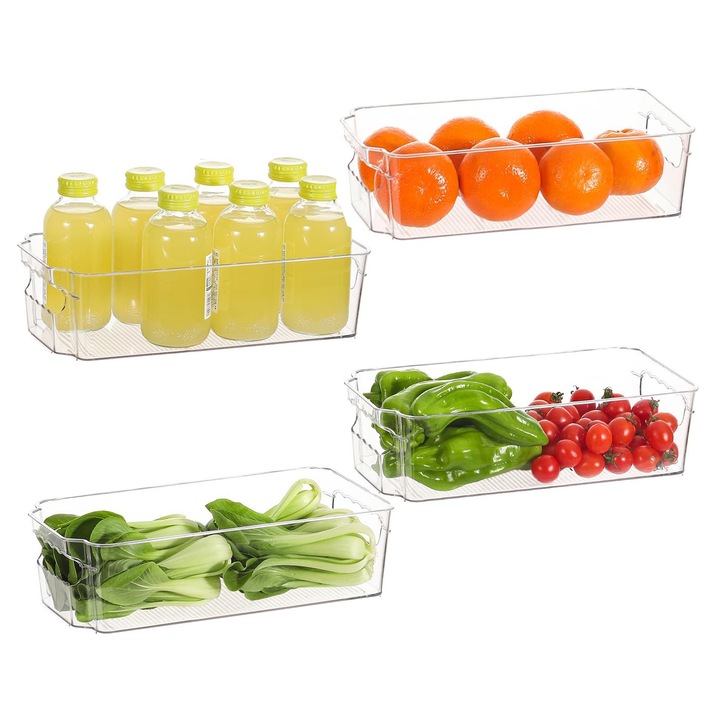 Set 4 Qrganizare alimente frigider, Cutie depozitare Compact Slim, Weluvfit, Q366-4, 33x17x17.8cm, transparenta